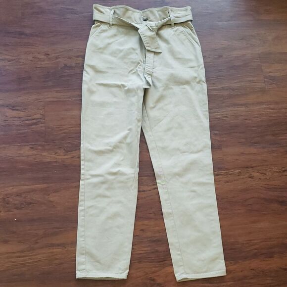 Sezane Women's Khaki Tan Preppy Belted High Waist Pants 100% Cotton Size 36 - Picture 1 of 5